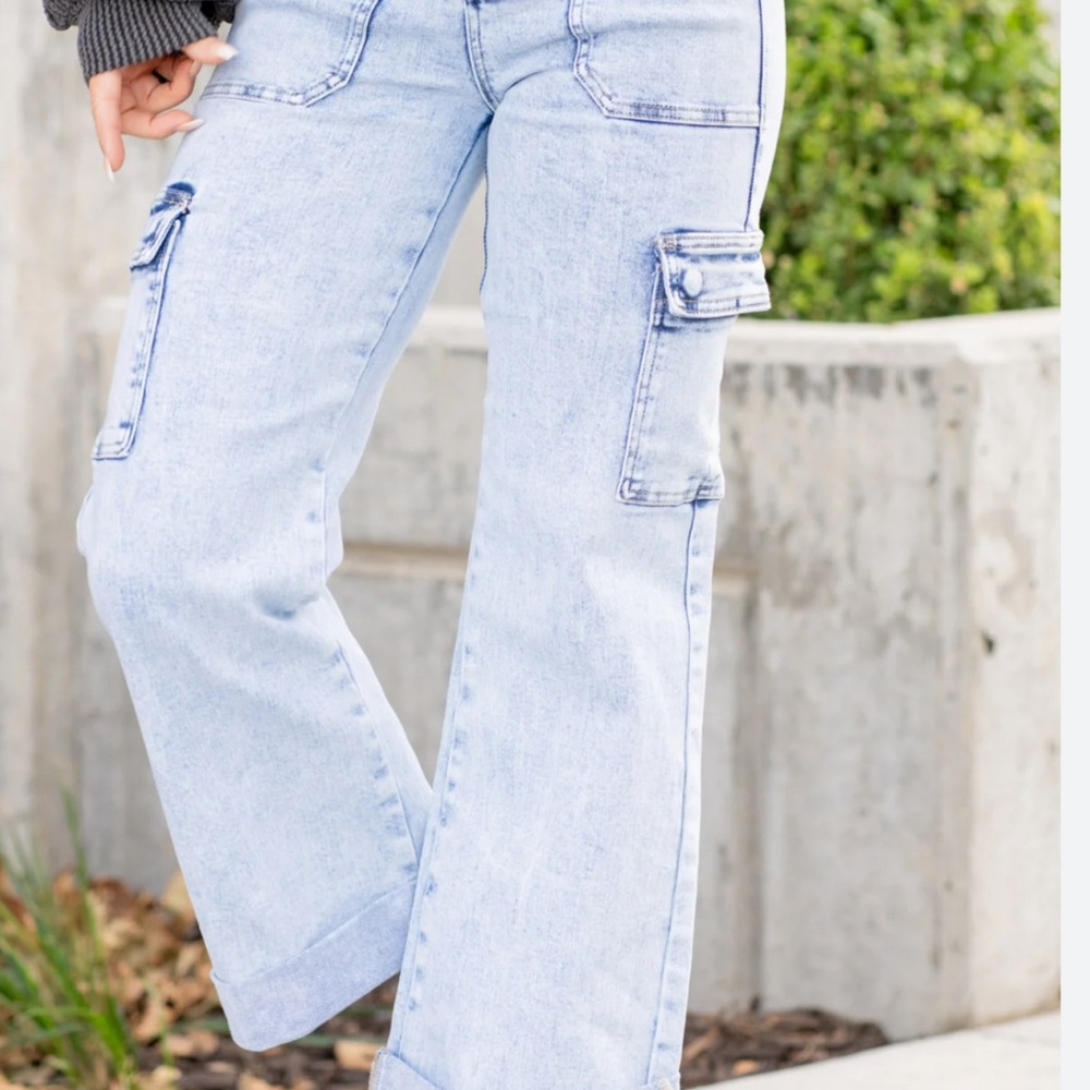 Blue Flare Wide Leg Jeans with Cargo Style